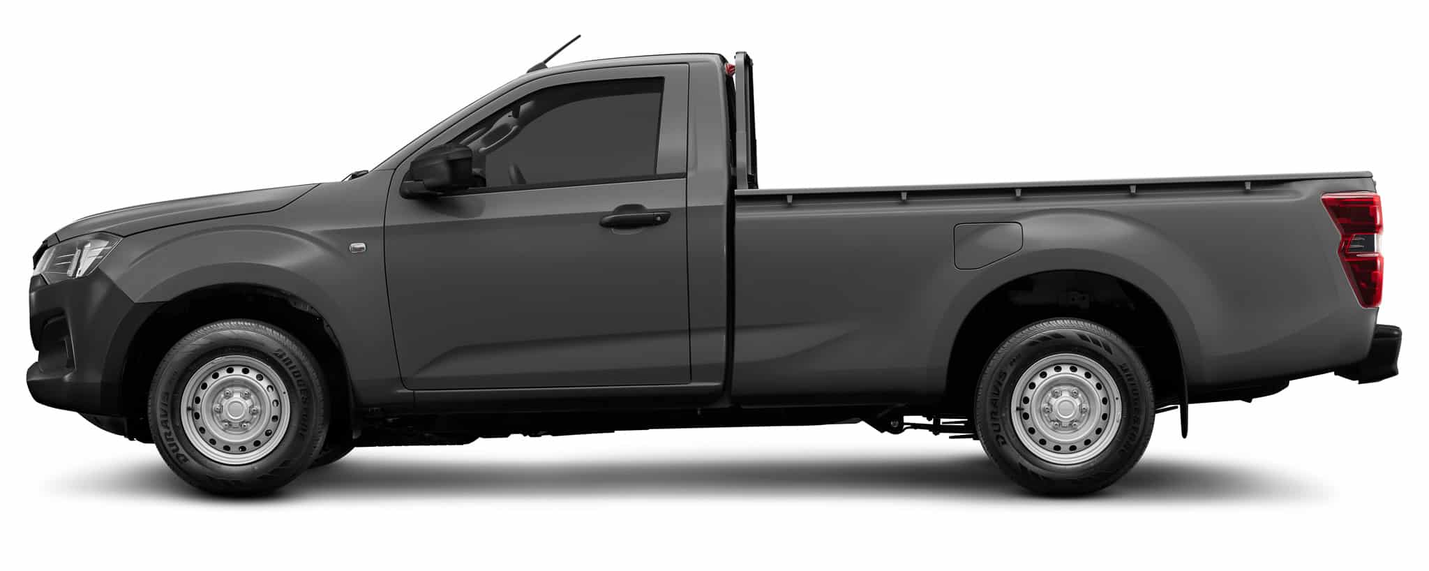 Pick-up gris anthracite simple cabine de profil avec jantes en acier sur fond blanc.